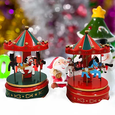 Christmas Wind Up Musical Horses Carousel Wooden Music Box Merry-Go-Round • $31.31