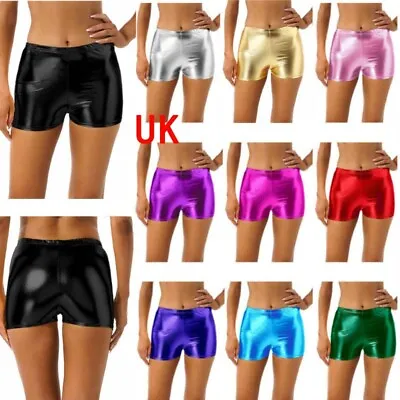 US Womens Shiny Metallic High Waist Booty Shorts Rave Dancewear Yoga Hot Pants • £5.94