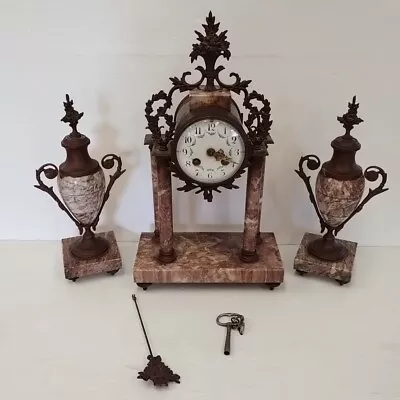 Marble & Brass Portico Mantel Clock W/ Urn Shaped Garniture Spares/Repairs • $63.13