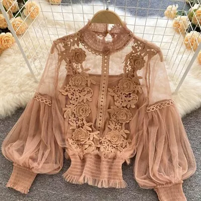 Women Blouse Mesh Shirts Solid Color Spring Vintage Inelastic Lace Puff • $32.71