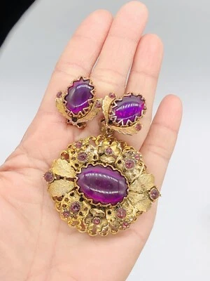 $120 • Buy Vtg Unmarked West GERMANY? Purple Cabochon Filigree Pin/Brooch & Earrings Set