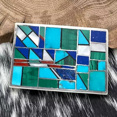 1980s Native American NAVAJO Sterling & Turquoise Multi-Stone Inlay Belt Buckle • $300