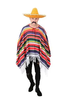 Mexican Poncho Fancy Dress Costume Orange Sombrero Mens Mexico Stag Party • £20.99