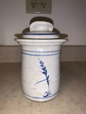 Stoneware Crock Canister With Lid Vintage Signed 6.5”x3” Blue White • $17.99