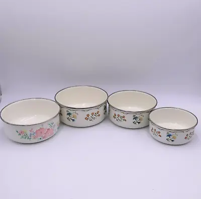 Set Of 3 + 1 Vintage Enamel Nesting Storage Bowls Wild Flowers • $17.59