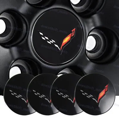 $26.88 • Buy 4PCS Glossy Black Wheel Center Cap For Corvette C7 With Crossed Flags 68mm 2.7 