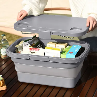 Folding Storage Basket With Lid Collapsible Tub Sink Bucket Camping Picnic Table • £11.95