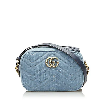 Authenticated Gucci Pearly GG Marmont Matelasse Crossbody Bag Blue • $1200.69