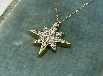 Vintage Style 10k Yellow Gold Diamond Starburst Star Pendant With 18  Necklace • $379.99