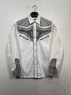 Roper Embroidered Pearl Snap Heavy Cowboy Western Shirt White & Gray Mens Medium • $35