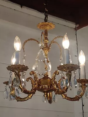  VINTAGE BRASS CHANDELIER 5 ARMS LARGE REAL ANTIQUE CRYSTALS Fabulous!! • $350