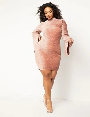 Eloquii Womens Velvet Dress 24 Pink Flared Sleeve Open Back Stretchy Mini Sheath • $29.75