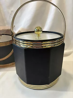 Vintage MCM Faux Black Leather Octagonal Ice Bucket W/ Gold Trim Tongs & Box • $25