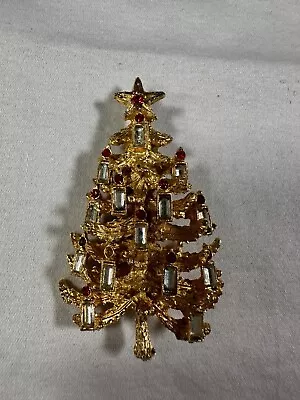 Vintage Gold Tone Clear & Red Rhinestones Christmas Tree Brooch Pin W/ Candles • $5