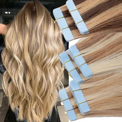 US Russian Tape In Skin Weft Human 100% Remy Hair Extensions Full Head Highlight • $35.25
