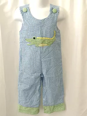 Boys 12M Mud Pie Alligator Romper Longalls Seer Sucker Stripes Blue Green Yellow • $19.99