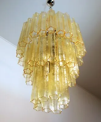 Large Three-Tier Venini Murano Glass Tube Chandelier - 48 Glasses Clear Amber • £1100