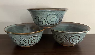 Set Of 3 Pottery Cereal Soup Dish Bowl Turquoise Glaze Swirl Design 5.5” • $34.99