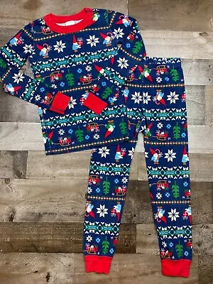 Hanna Anderson Youth Sz 6-7 120cm Blue Christmas Gnomes Pjs 2 Piece Long Pajamas • $10.16