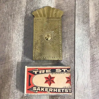 Vintage Swedish Stamped Brass Fireplace Match Holder W/ EMPTY Safety Match Box • $19.99