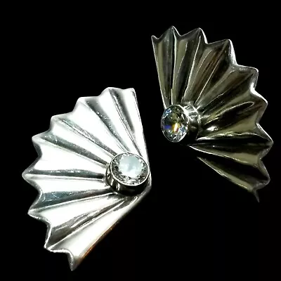 Taxco Mexico Sterling 950 Silver Clip Earrings TF-3 Vintage HUGE Fans Crystal • $89