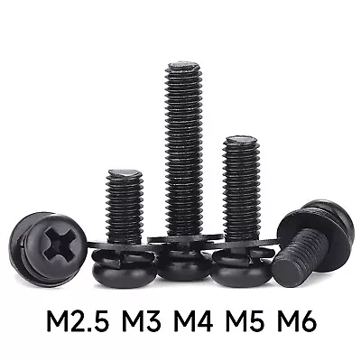 10 X Phillips Pan Head Machine Bolts Spring/Flat Washer Screws Black Zinc Plated • £1.51