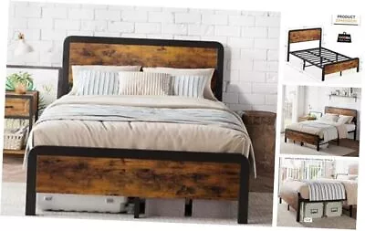 Size Wood Platform Bed Frame With Vintage Headboard And Tailboard Full Brown • $185.94