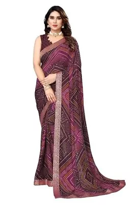 Women's Georgette Bandhani Printed Lace Work Saree With Blouse Piece Purple Col • £20.51