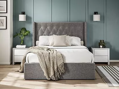 King Size Bed Fabric Bedframe Ottoman  - Dark Grey - Linen • £560.18