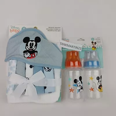 Disney Mickey Mouse Set Of 6 Hooded Bath Towel Washcloth & 2 Baby Bottles Infant • $27.54