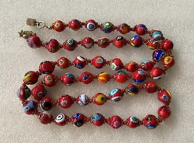 Vintage  MORETTI  Murano Red MILLEFIORI 26” Knotted Caped Beads Necklace. • $29.99