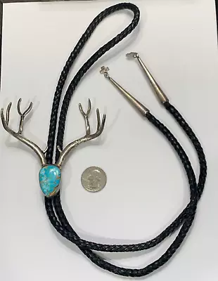 VTG Irvin Gene Big Heavy Sterling Silver Turquoise Deer Antler Navajo Bolo Tie • $199.99