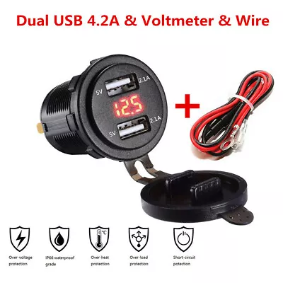 Waterproof 4.2A Dual USB Charger Socket & Red Voltmeter For 12-24V Car SUV Truck • $16.10