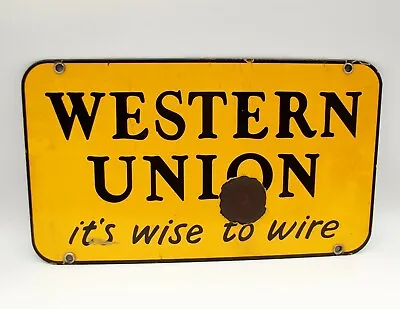 Vtg Western Union Original Porcelain Sign Wise To Wire Double Sided 9.5  X 16.5  • $249.99