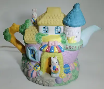 Light Up Easter Tea Pot Figurine With Bunnies And Lots Of Colors • $17.95
