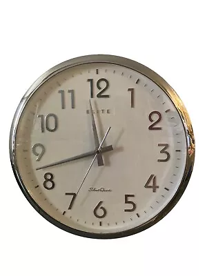 Elite Wall Clock Silent Quartz Clock Silver & White • $39.87