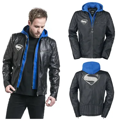 Men's Superhero S Logo Black Hooded Motorcycle Costume Leather Jacket • $94.99