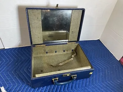 Vintage Train Case Makeup Blue Hard Luggage Mirrored Suitcase Travel No Key • $46.75