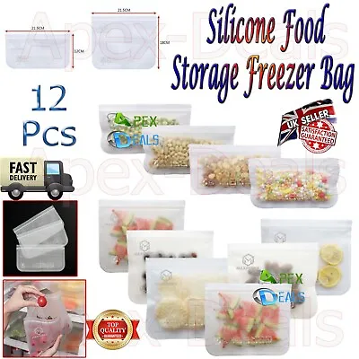 12pc Resealable Silicone Food Storage Freezer Bags Kitchen Vacuum Fresh Zip Lock • £8.34