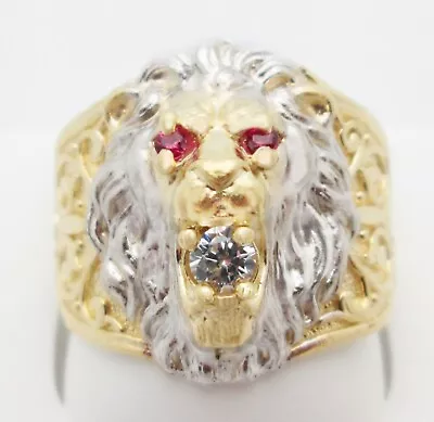 Men's Lion Head Ring 10K Yellow Gold Lion Face CZ Ring Solid Gold  • $273