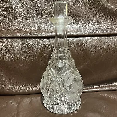 Antique Vintage Crystal Glass Round Shape Bottle With Glass Stopper 11” Tall ! • $40