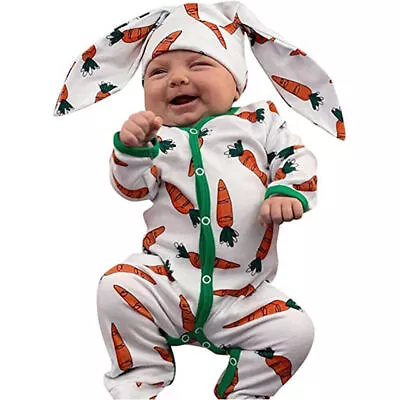 Infant Baby Boy Girl Easter Carrot Long Sleeve Sleepsuit Long Ears Romper Outfit • £13.07
