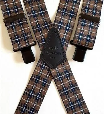 Mens Braces 2  Or 1.5  Heavy Duty Tartan Brown Blue Plaid Black Clips For Work • £14.99