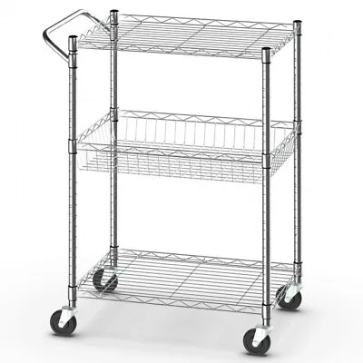 3-Tier Utility Cart Heavy Duty Wire Rolling Cart W/ Handle Bar Storage Trolley • $78.96