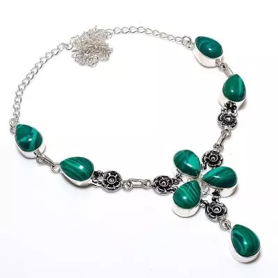 Green Malachite  Gemstone Handmade 925 Sterling Silver Jewelry Necklace Size 18  • £9.37