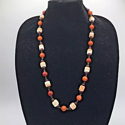 Vintage Orange Polished Stone Beaded Linked Round Square Beads 28  Necklace • $19.95