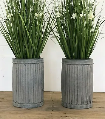 2 X Large Round Galvanised Ribbed Metal Dolly Planters Plant Flower Pot Garden  • £35.96