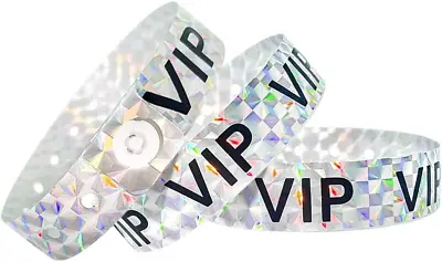 Ouchan Holographic VIP Plastic Wristbands Silver - 100 Pack Vinyl Wristbands For • $19.62