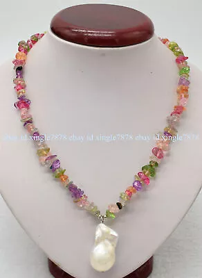 Natural Colorful Tourmaline Gravel Beads White Baroque Keshi Pearl Necklace 18  • $9.34