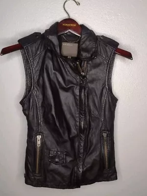 MUUBAA Womens Leather Vest Size 2 Black Zip Up Pockets Collar Biker YY • $47.98